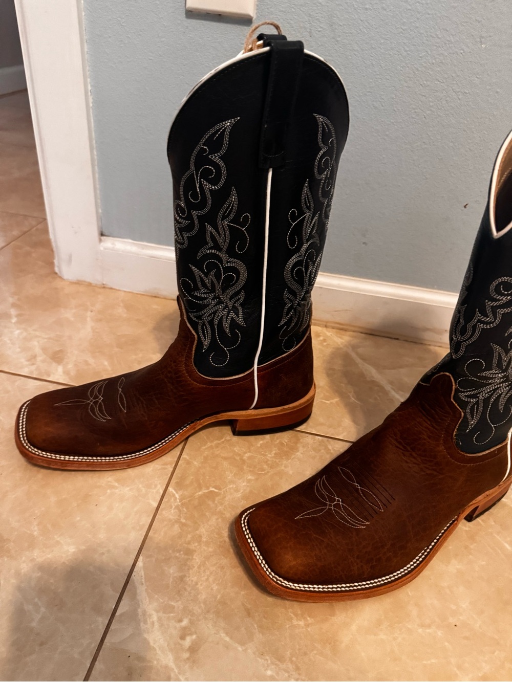 Anderson Bean Brown Foot with Navy Embroidered Shaft Western Boots